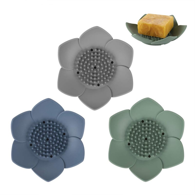 HR H&R 3 Pack Silicone Soap Holder, Bathroom Soap Tray with Drain, Lotus Shaped - Blue, Green, Grey - Image 1